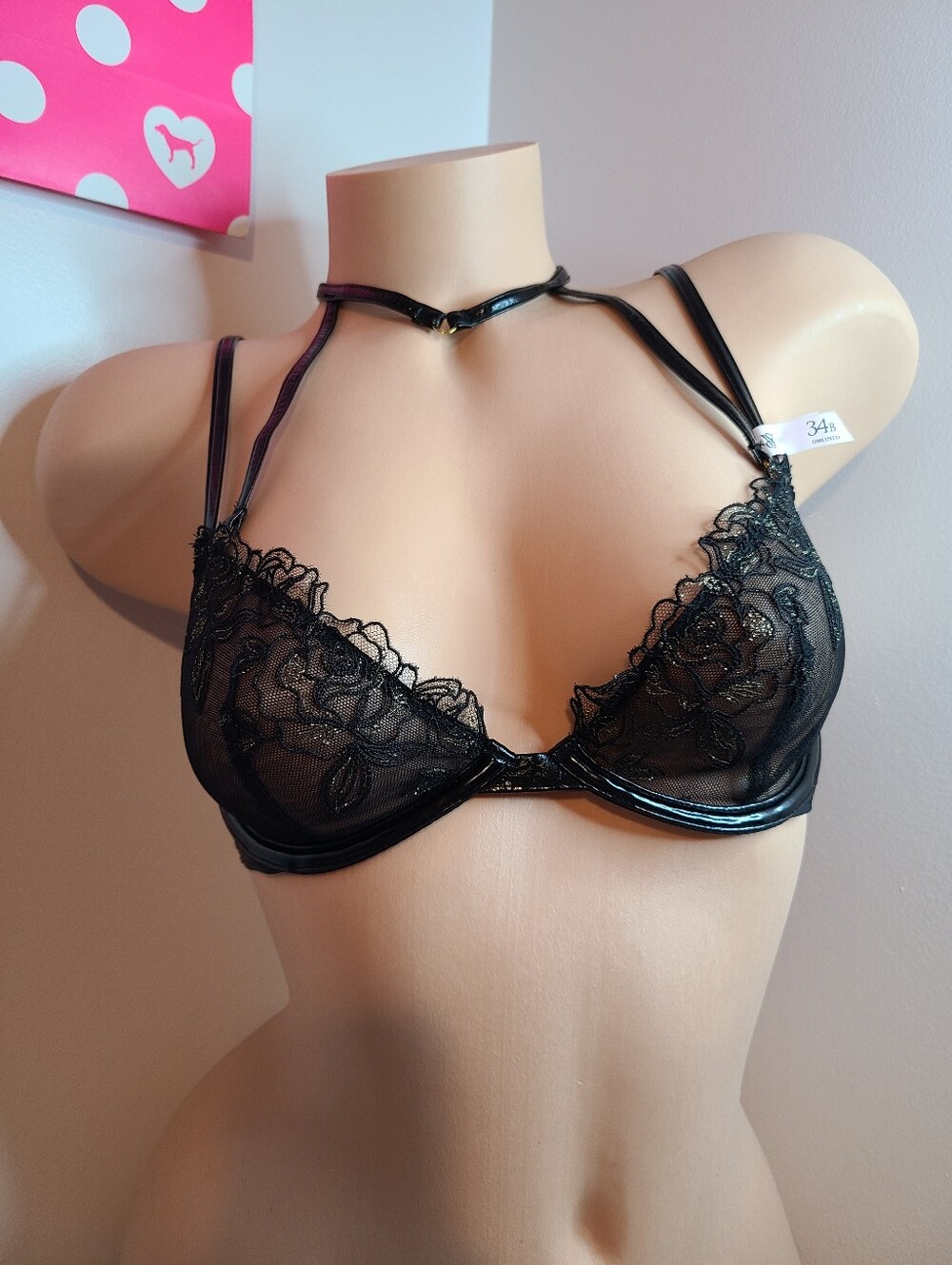 VS Very Sexy Midnight Affair Faux Leather Lace Low-cut Demi Bra Size 34B